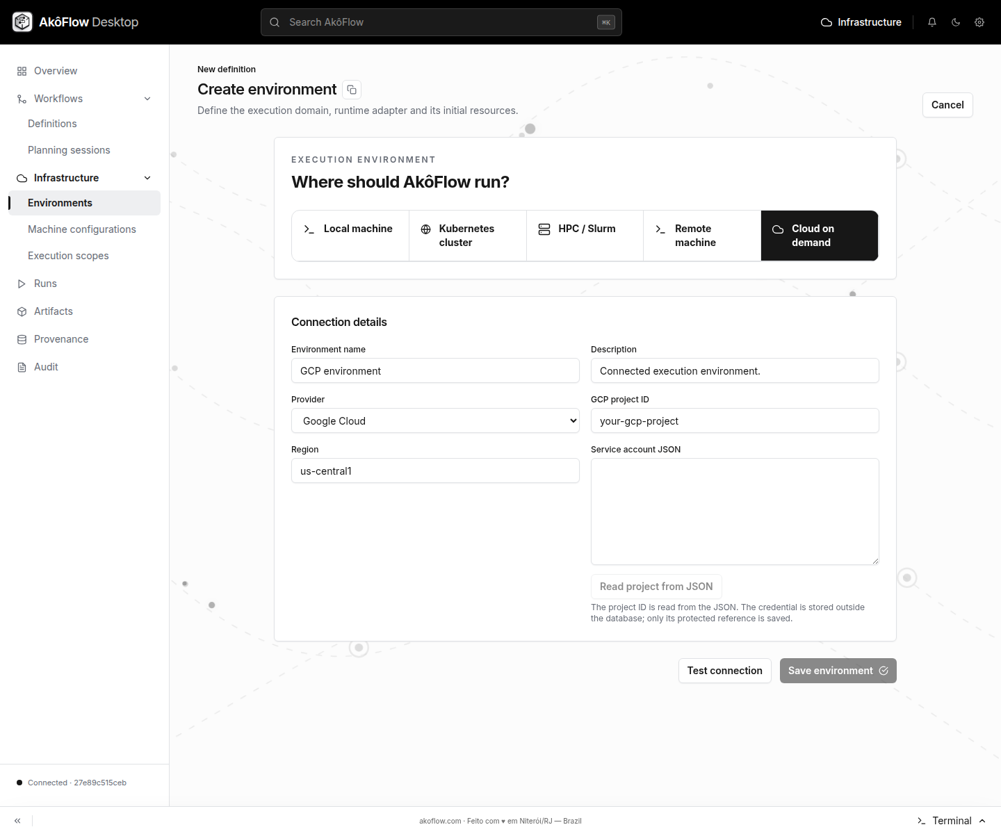 Google Cloud connection form with project ID, region, service account JSON and Test connection