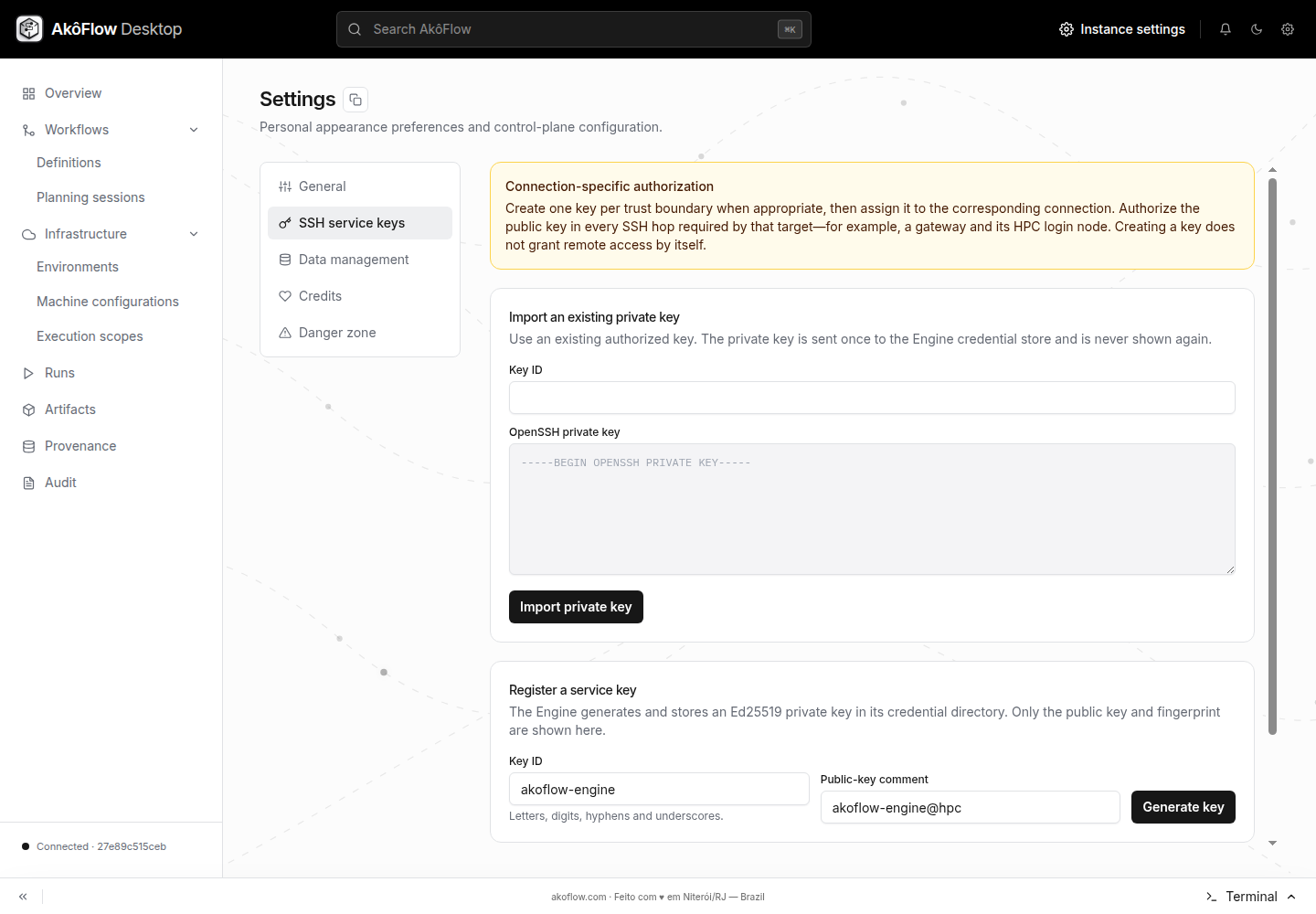 SSH service keys settings with import and generation actions